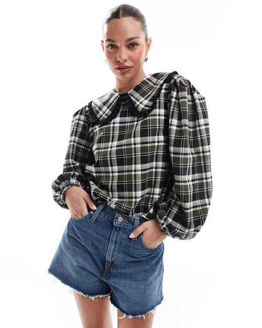 Camicia A Quadri Con Colletto Con Volant E Fiocco Sul Retro di ASOS in Blue
