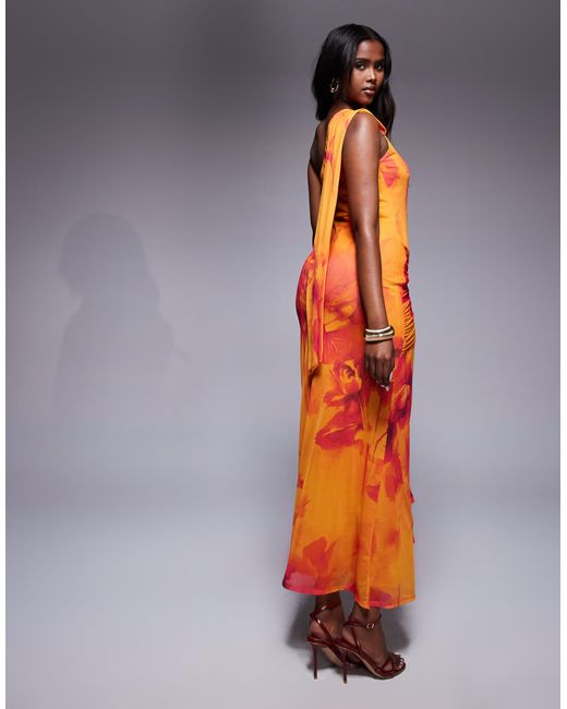 ASOS – one-shoulder-maxikleid aus netzstoff mit orangefarbenem blumenprint und geknotetem rockdetail