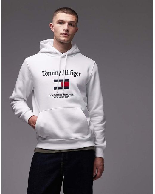 Tommy Hilfiger Gray Embroidered Flag Large Centre Logo Hoodie for men
