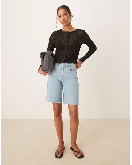 ASOS Black Floral Flocked Mesh Button Through Long Sleeve Top