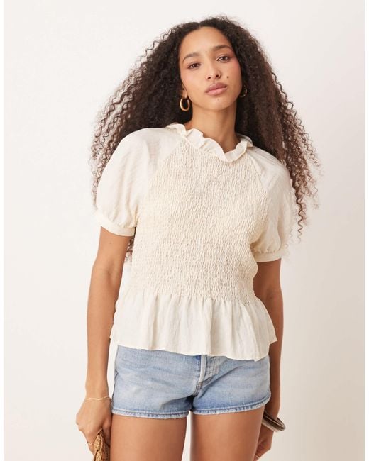 Aware White Shirred Puff Sleeve Top