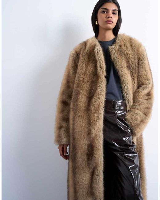 TOPSHOP Metallic Oversized Faux Fur Collarless Long Coat