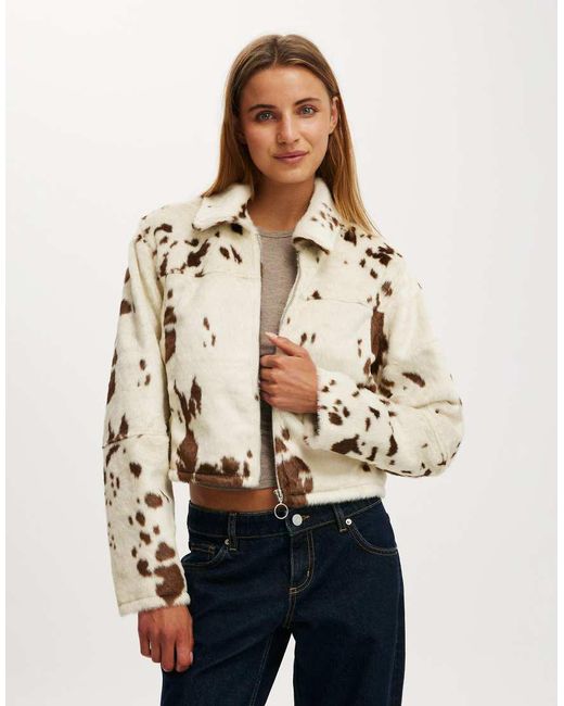 Cotton On Natural Cow Faux Fur Jacket