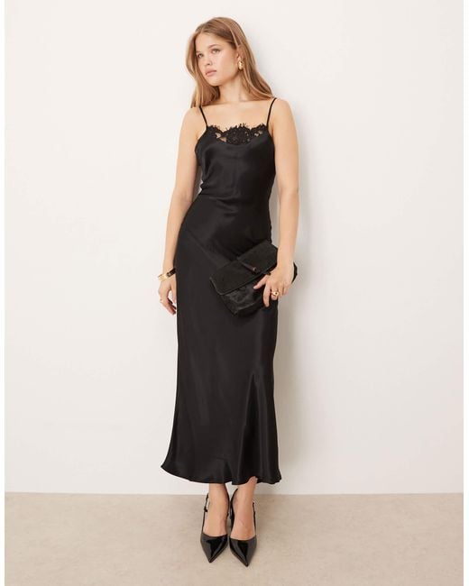 asos black satin dress ASOS DESIGN bias cut black satin midi slip dress w/soft v neckline detail size 8