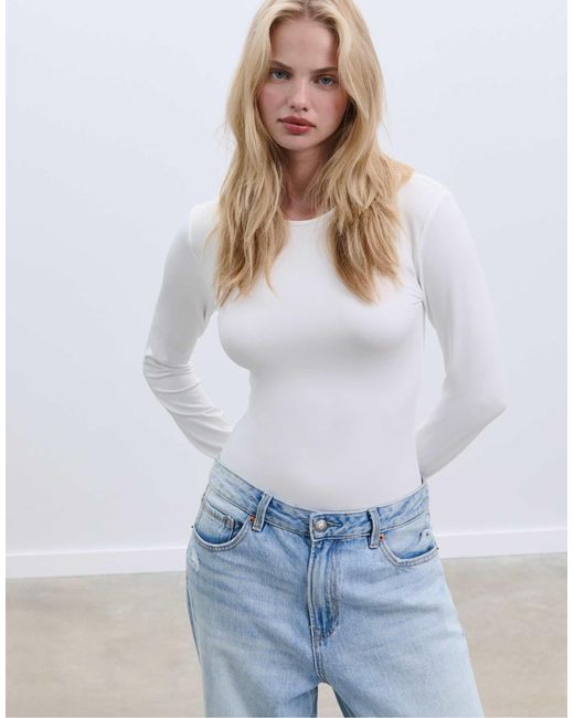 Stradivarius White – langärmliger body aus polyamid