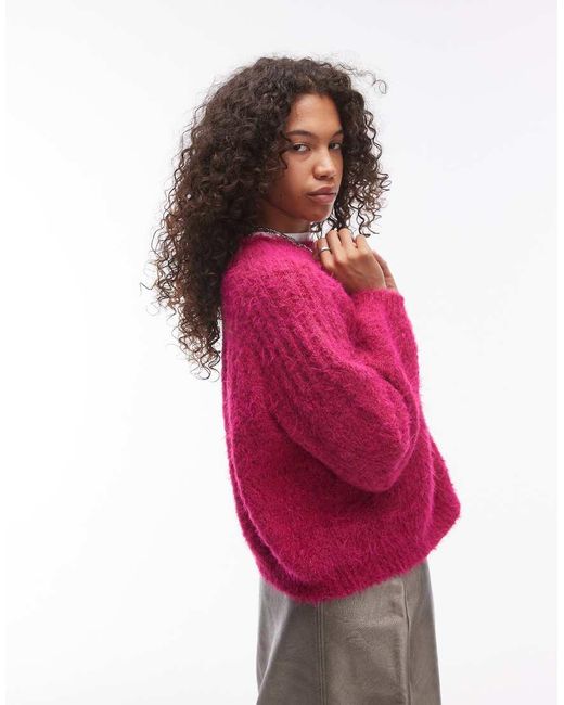 TOPSHOP Pink Knitted Super Fluffy Rib Detail Relaxed Jumper