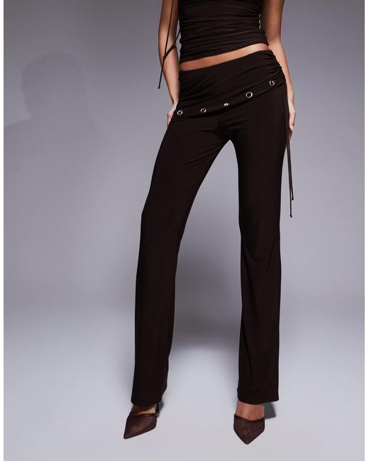 Kaiia Gray Exclusive Double Layered Slinky Ruched Foldover Waistband Eyelet Detail Pants