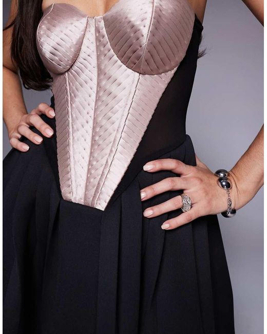 Vestido Largo Con Escote Palabra De Honor, Cuerpo Estilo Corsé Y Falda De Corte Amplio De Satén Premium De ASOS de color Blue