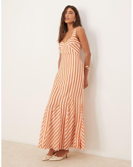 Vestido Semilargo A Rayas Color Óxido De Tirantes Con Diseño Dividido Y Falda De Godets De ASOS de color Natural
