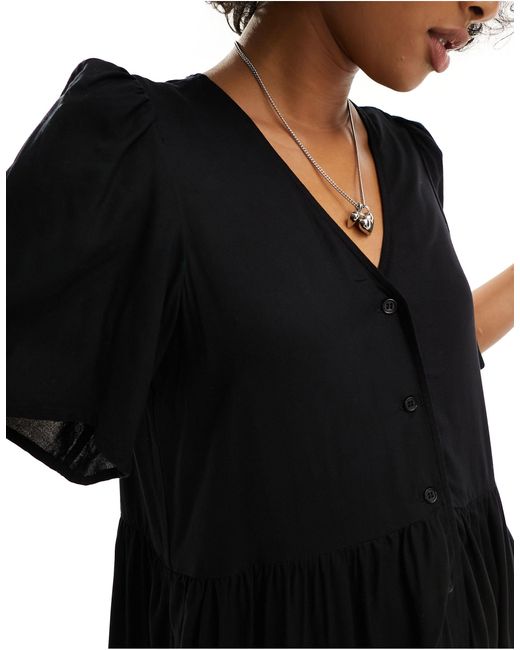 Monki Black Short Sleeve Button Through Midi Dress