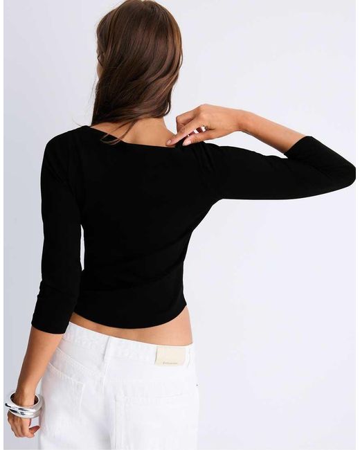 Stradivarius White Boat Neck 3/4 Sleeve T-shirt