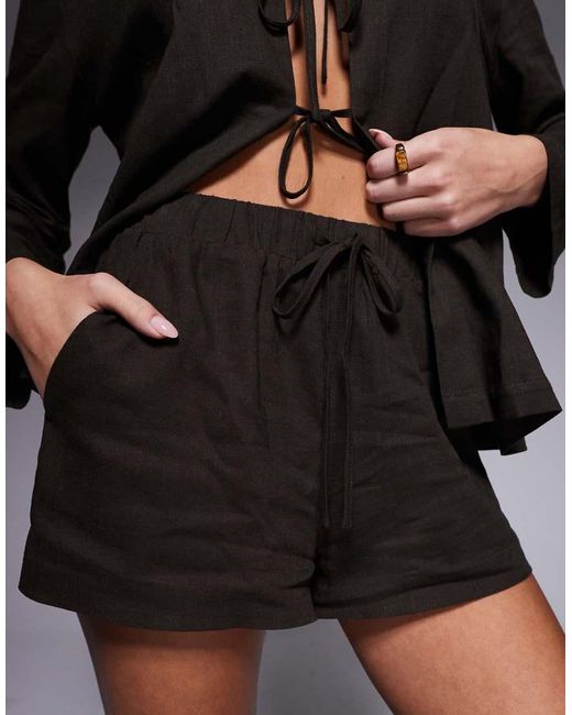 The Frolic Black Exclusive Contains Linen Elasticated Waist Pull On Beach Shorts Co-ord
