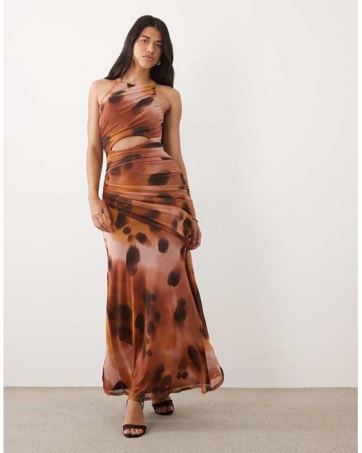 ASOS Brown Mesh Square Halter Maxi Dress With Asymmetric Ruching