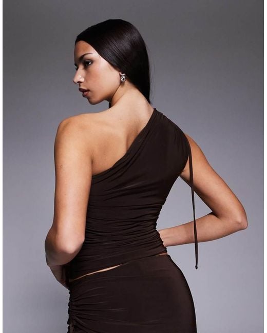 Kaiia Black Exclusive Double Layered Slinky Eyelet Detail Ruched One Shoulder Top Co-Ord