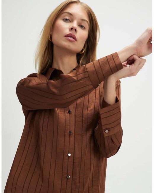 River Island Brown Satin Striped Crinkle Blouse