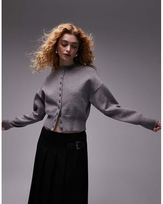 TOPSHOP Gray Knitted Compact Fitted Waist Cardigan