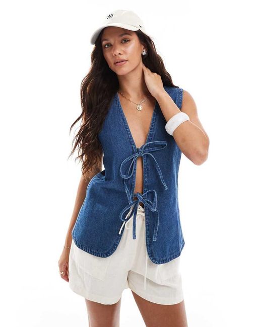 Brave Soul Blue Longline Cotton Denim Waistcoat With Tie Front