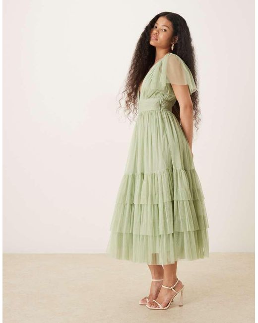LACE & BEADS Green Bridesmaid Tulle Flutter Sleeve Plunge Neck Midi Dress