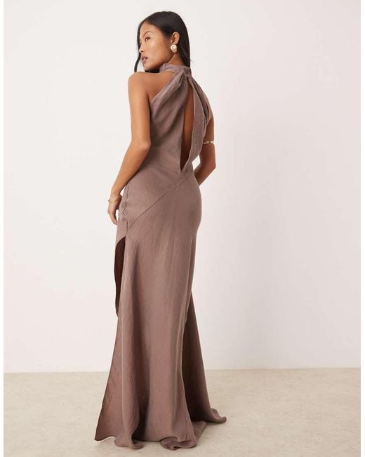 ASOS Brown Asos Design Petite High Neck Asymmetric Maxi Dress With Thigh Split