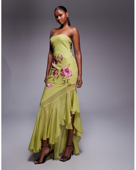ASOS Floral Embroidery Bandeau Maxi Dress With Asymmetric Ruffle Hem in  Green | Lyst