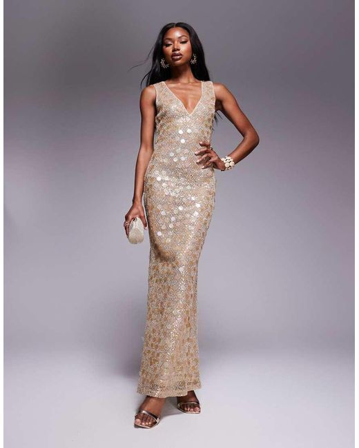 ASOS Metallic Statement Embellished Textured Plunge Maxi Dress With Mixed Sequins