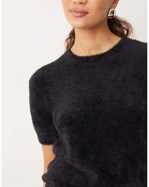 Mango Black Fluffy Short Sleeve Knitted Top