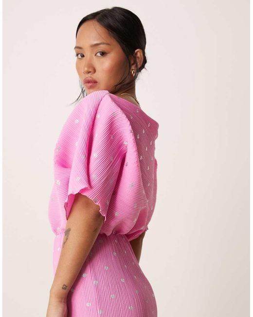 Never Fully Dressed Pink Petite Tilly Off Shoulder Plisse Maxi Dress