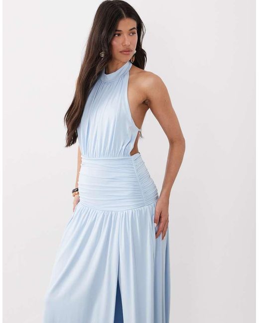 Aria Cove White Double Sculpted Slinky Ruched Detail High Neck Drop Waist Maxi Dress