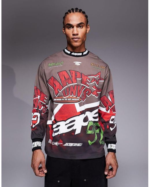 Aape By A Bathing Ape Gray Aape By A Bathing Ape Long Sleeve Motocross T-shirt for men