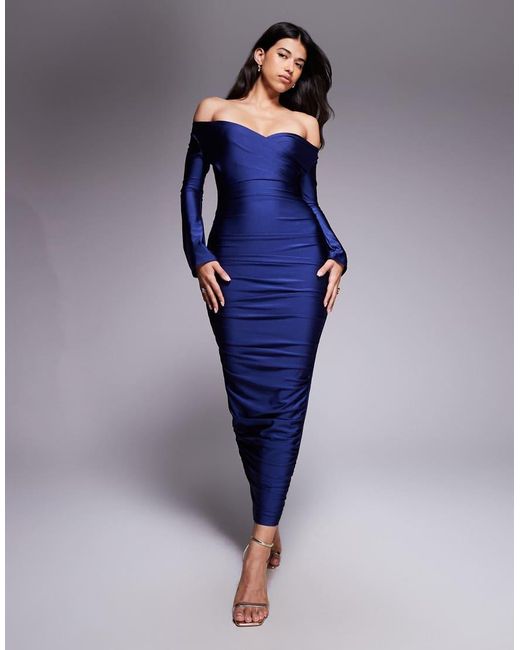 Ruched & Ready Blue You Wish Sculpted High Shine Off Shoulder Sweetheart Neck Maxi Dress
