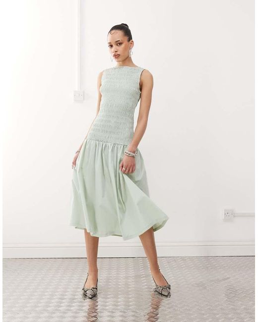 Amy Lynn Shirred Drop Waist Midi Dress in Natural | Lyst UK