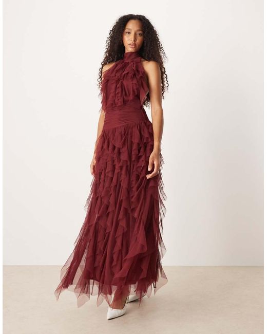 LACE & BEADS Red Backless Ruffle Maxi Dress