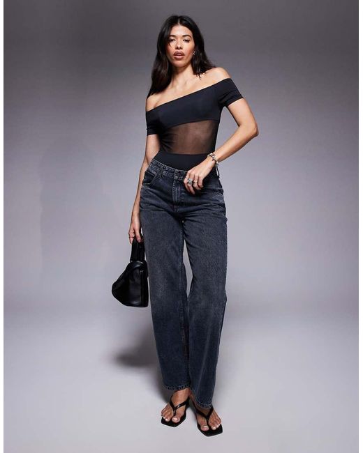 ASOS Blue Bardot Slinky Mesh Panel Bodysuit