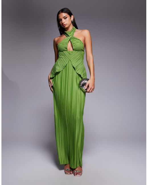 ASOS Green Plisse Maxi Dress With Twisted Halterneck