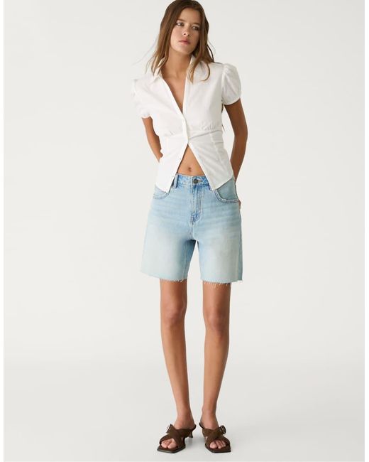 Stradivarius Denim Bermuda Short Met Halfhoge Taille in het Blue