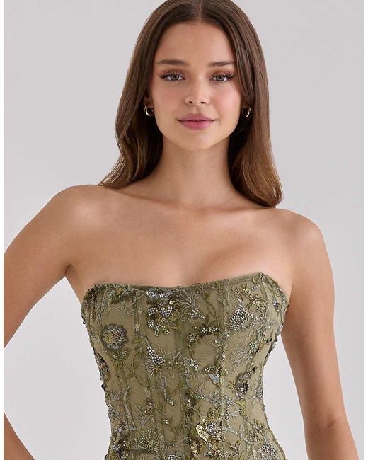 House Of Cb Green Anisa Hand Beaded Embellished Strapless Maxi Dress