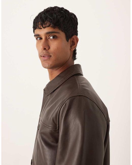 ASOS Brown Mid Length Leather Shacket for men