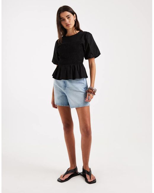 Threadbare Black Jersey Puff Sleeve Peplum Top With Shirring