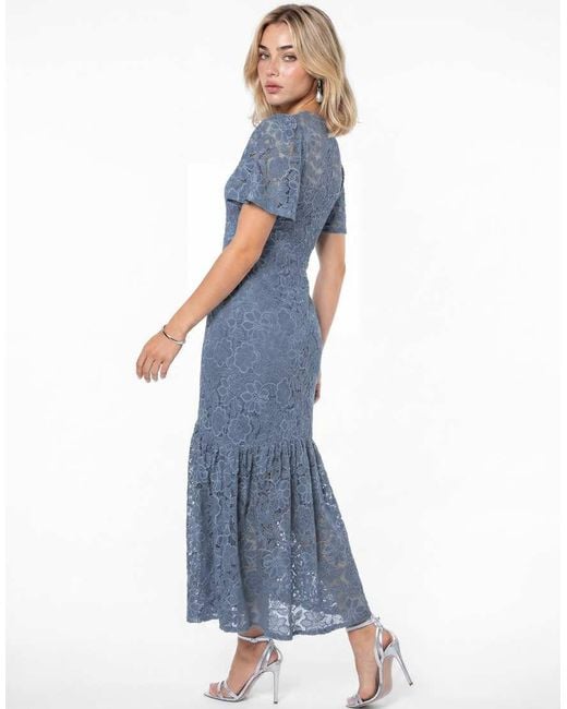 Lovedrobe Blue Floral Lace Angel Sleeve Midaxi Dress