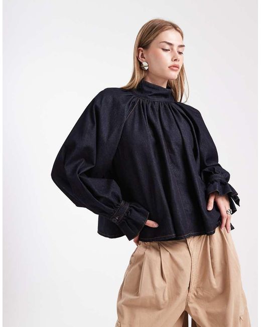 ASOS Blue Denim Historical Sleeve Volume Blouse