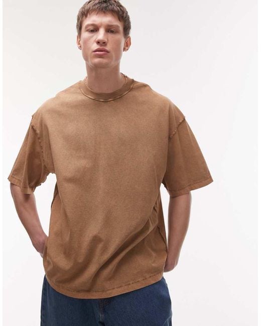 Topman Brown Extreme Oversized Washed Raw Seam Detail T-shirt for men