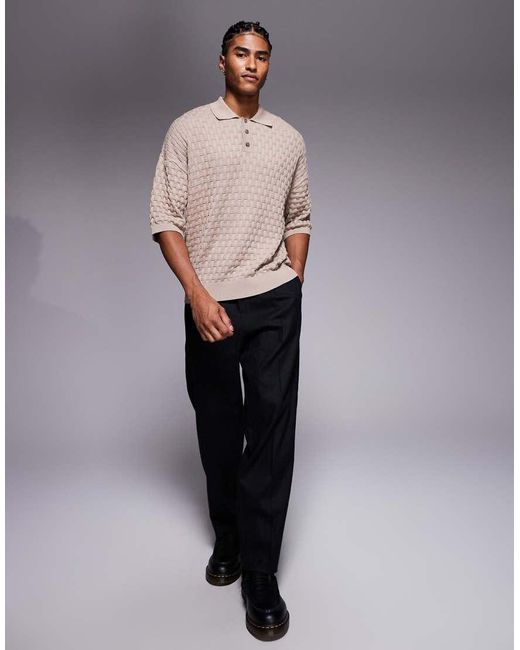 ASOS Natural Relaxed Knitted 3/4 Sleeve Textured Polo for men