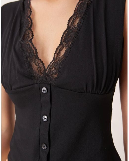 ASOS Black Milkmaid Plunge Button Detail Top With Lace Trim