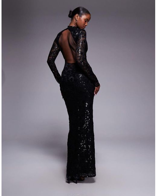ASOS Blue Embellished Lace Long Sleeve Maxi Dress With Split