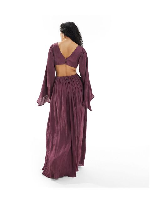 Robe longue en satin plissé avec anneaux à la taille et manches kimono ASOS en coloris Purple