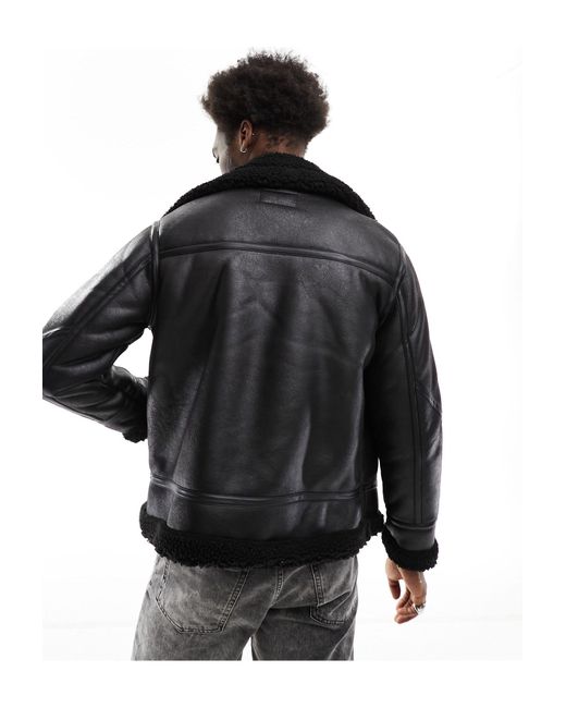 Pull&Bear Black Faux Leather Aviator Jacket With Shearling Lining for men
