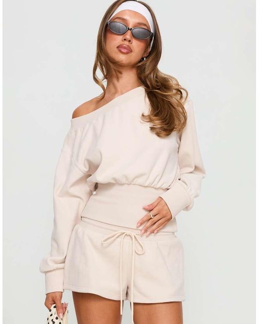 Princess Polly Cassey Asymmetrische Off-Shoulder Geribbelde Sweatshirt Co-Ord Met Getailleerde Taille in het Natural