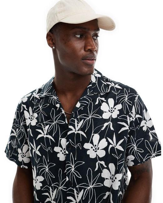 ASOS Black Relaxed Revere Linen Look Shirt With Floral Print for men