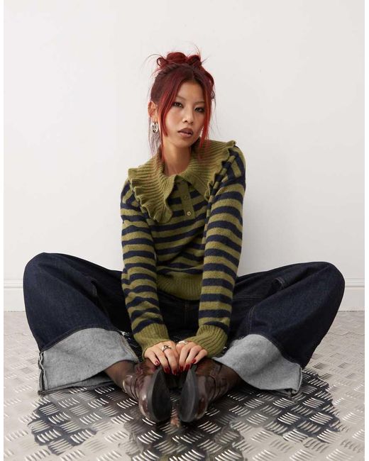 Monki Green Long Sleeve Collar Polo Knitted Sweater
