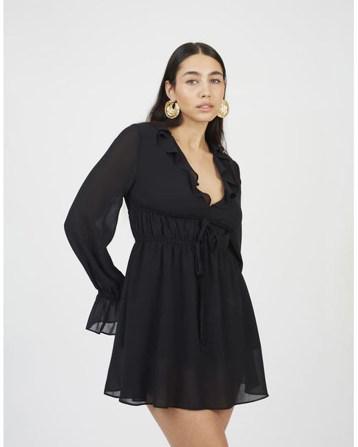 Brave Soul Black Frill Detail Ruched Mini Dress